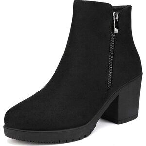 Women's Black Chunky Heel Ankle Chelsea Two Zipper Round Toe Classic Booties